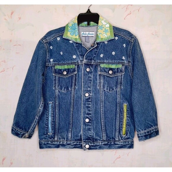 Hawaiian Other - Upcycled Jean Denim Hawaiian Jacket Flowers Sequin Beads Ribbon Girls Size 7/8 M